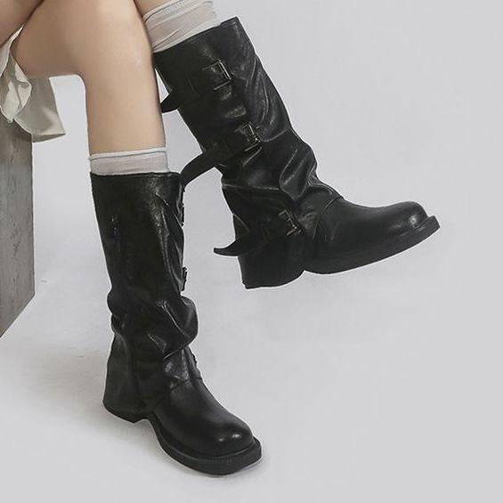 Amerykański retro~ czarne krótkie botki damskie poczucie designu niszowe plisowane marszczone botki Spice girl fried street spodnie botki super zagraniczne