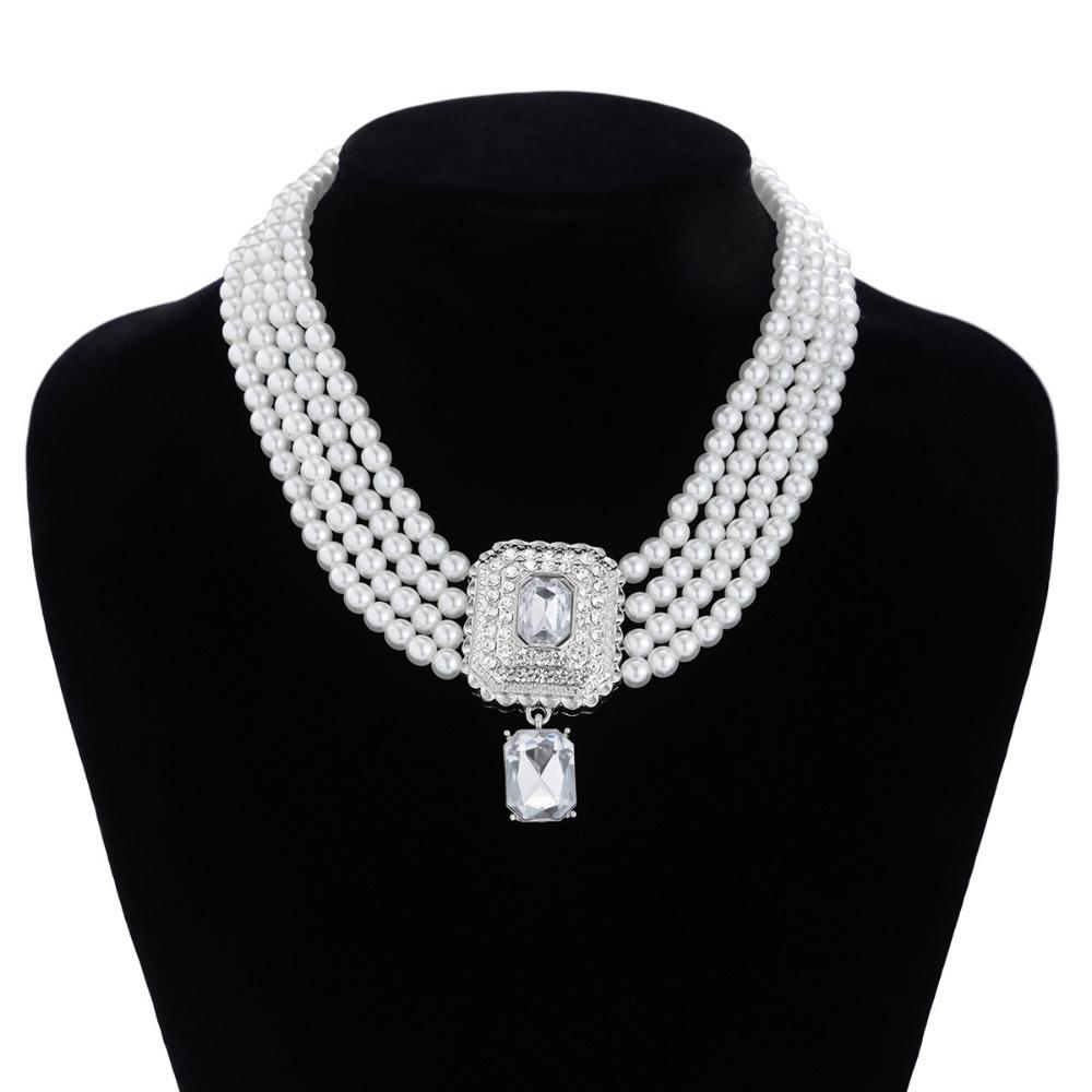 Imitation Rhinestone Necklace Earrings Luxury Choker Necklace Set Pearl Multilayer Necklace  Ladies
