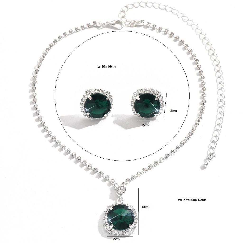 Emerald Full Diamond Square Set Necklace Earrings Jewelry Two-Piece Set