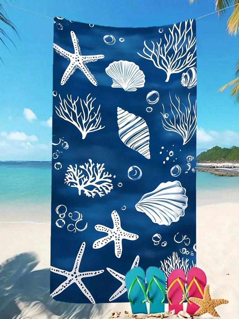 1pc Blue Quick-Dry Beach Towel, Shell Starfish Coral Print, Large Multifunctional Mat for Yoga, Travel, Camping, Swimming