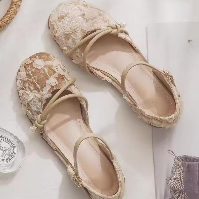 Fashion Low Heel Sandals Summer New Bao Head Round Head Shallow Mouth Fabric Soft Sole Anti-slip Wear-resistant Flat Shoes