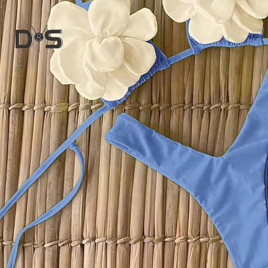 2Pcs/Set Summer Bikini Set Adjustable Drawstring Lace-Up Halter Neck 3D Flower Bra Low-rise Swimming Briefs Set Swimwear