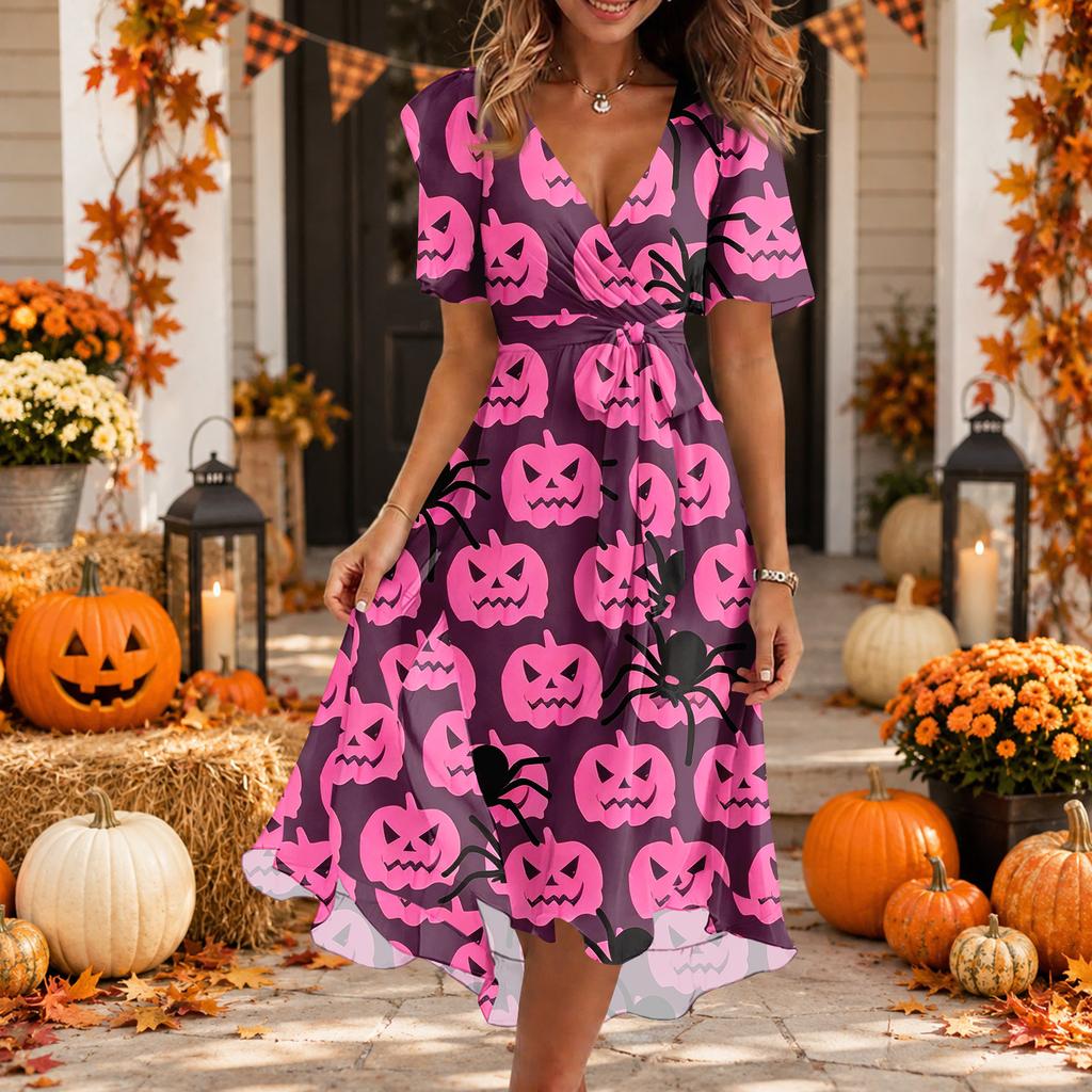 Women Casual V Neck Short Sleeve Halloween Print Dress Midi Length Wrap Style Adjustable Waist Tie