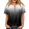 Women’s Fashion Printed Henley Button Neck Short Sleeve Cotton Linen Shirt with Chest Pocket Gradient Design Loose Fit Top