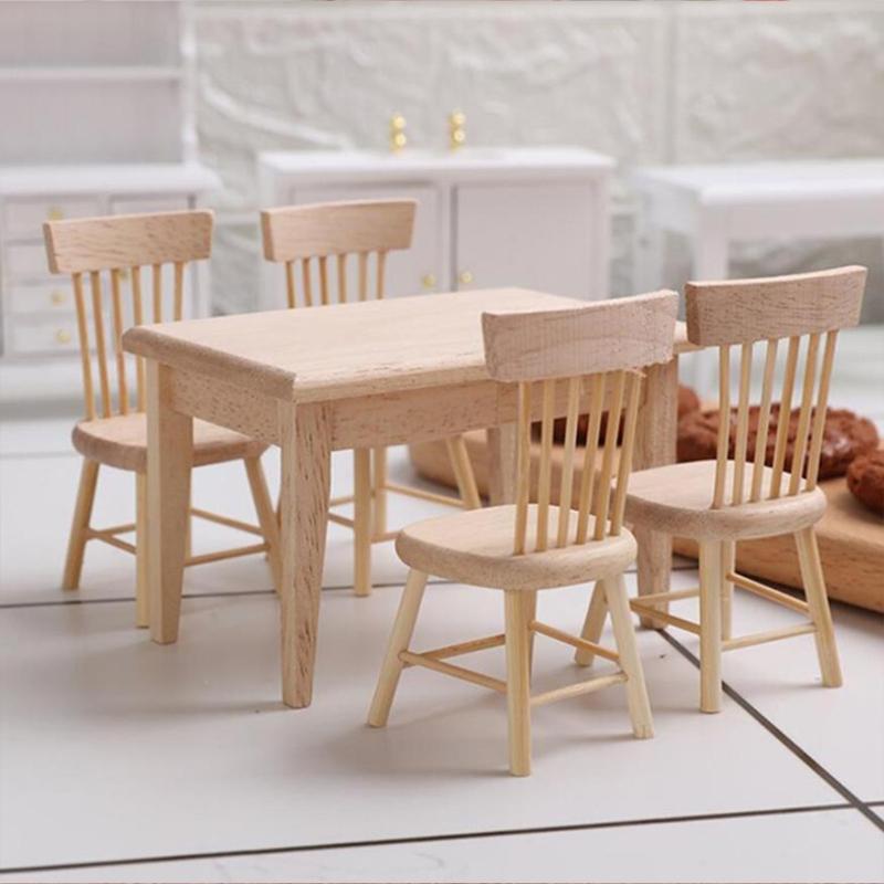 Realistische Details 1/12 Maßstab Puppenhäuser Möbel 5-teiliges Holz Tisch- und Stuhlset
