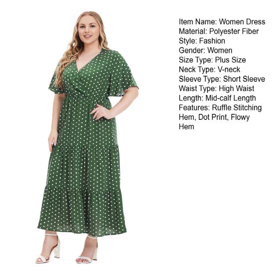 Sukienka damska plus size z dekoltem w serek, krótkim rękawem, falbankami i płynnym dołem midi