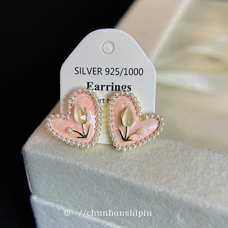 

Pink heart tulip pearl earclip premium earrings without earrings fresh and sweet versatile earrings stud earrings women