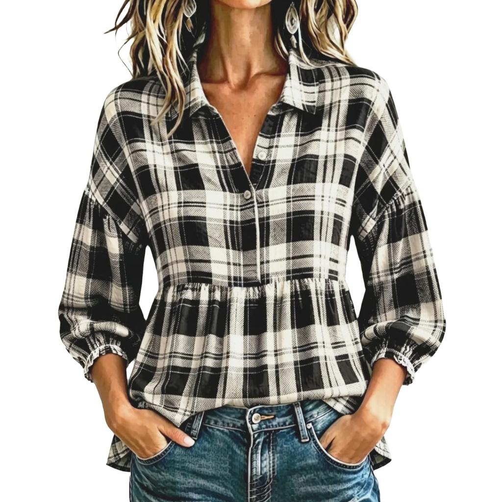 Women's Vintage Plaid Button Down Shirt Loose Fit Casual Blouse