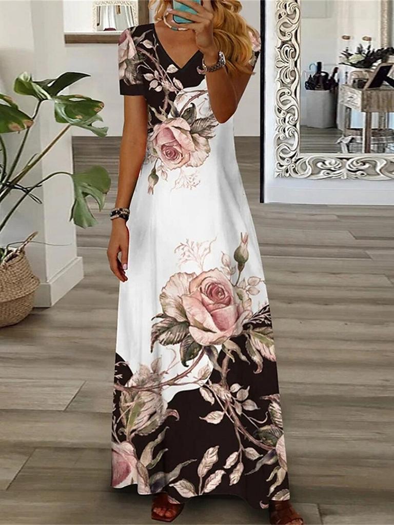 Women's Floral Print V-Neck Short Sleeve Maxi Dress Casual Summer Dress with Rose Pattern In Multi Colors