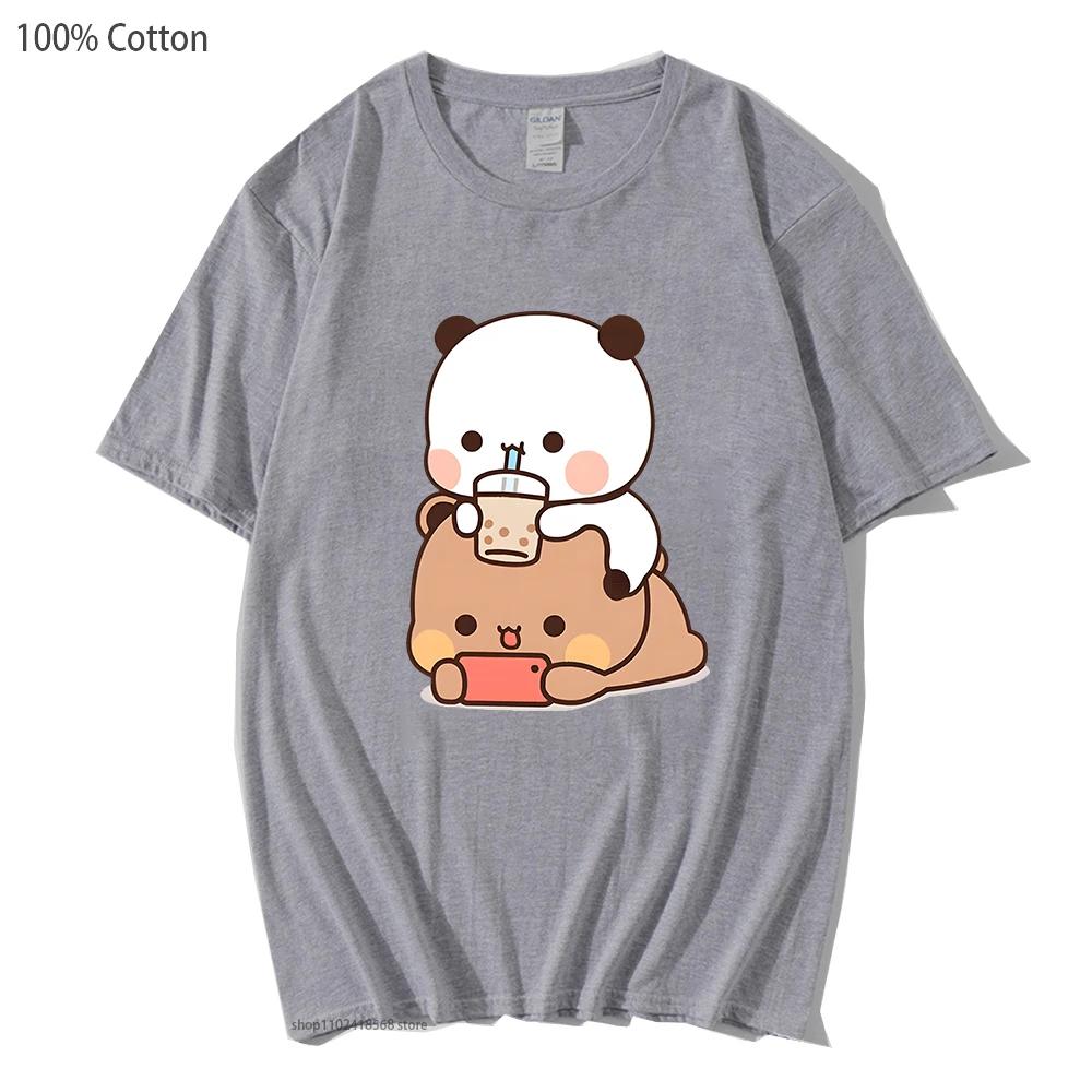 Bubu Is Watching Dudu While He Playing Games T-Shirts Cute Panda Bear Cartoon Tshirts Women Funny Top Kawaii Clothes