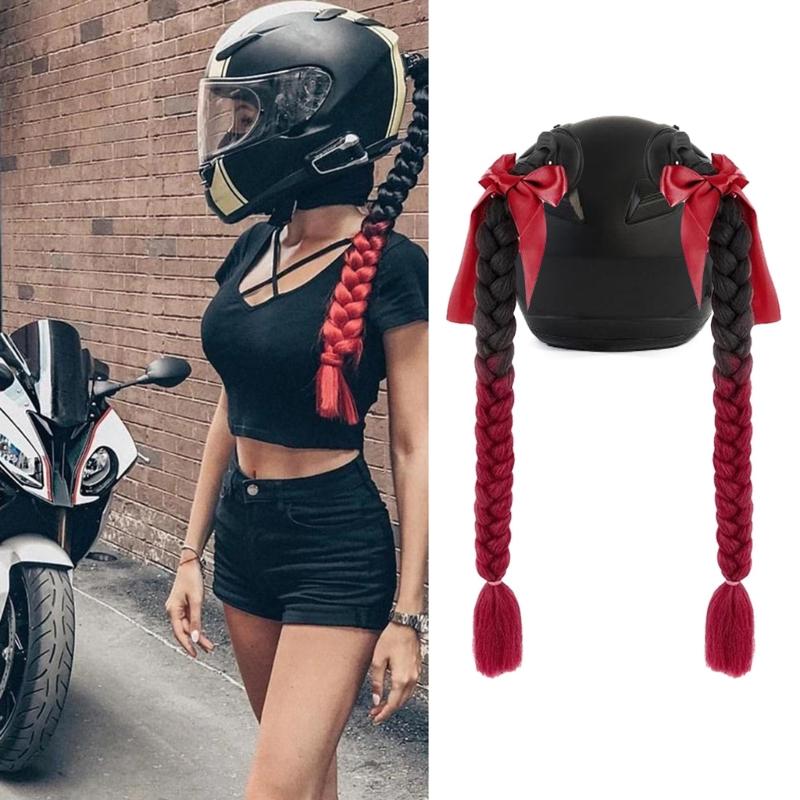 2pcs Motorcycle Helmets Ponytail with Bowknot Detachable Suction Cup Helmets Pigtail Universal Helmets Braid Multi Color