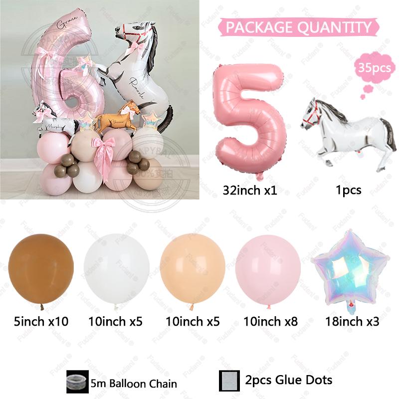35pcs Horse Farm Party Themed Balloon Kit with 32inch Large Pink Number Baloons Western Cowgirl 1-9 Years Birthday Party Supplie