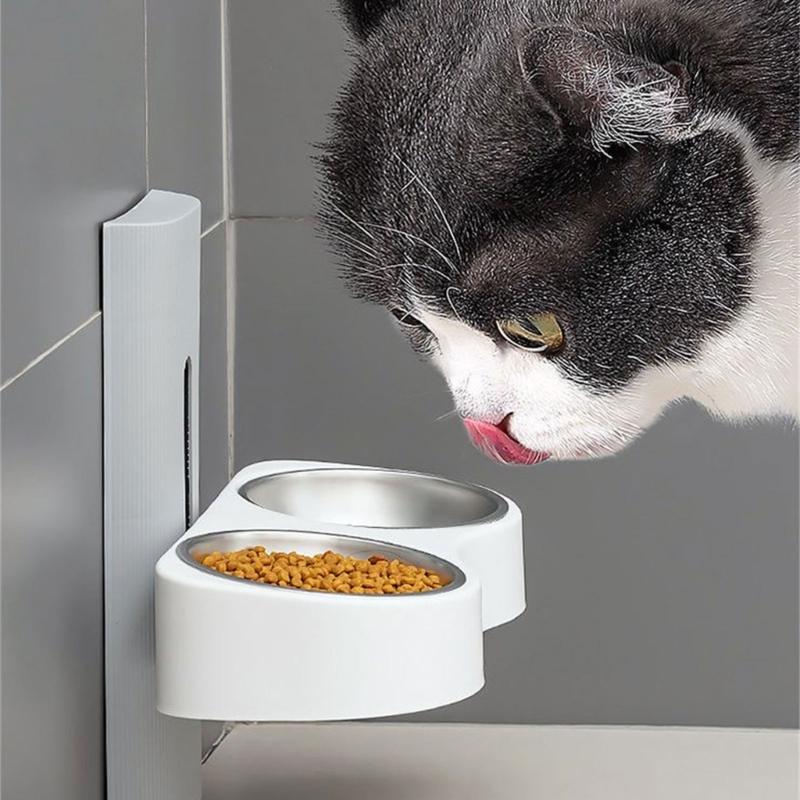 Cats Bowl Wall Mounted Dogs Eatting Bowl with Double Bowl Protect Neck Bowl X3UC