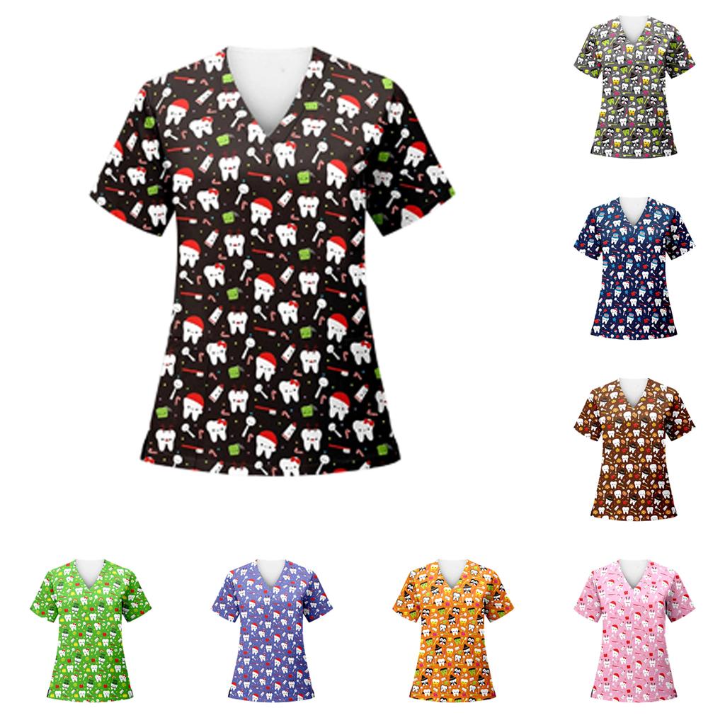 Women's Loose Short Sleeved Fashionable Tooth Pattern Printing V-neck Buttonable Side Slit Top T-shirt