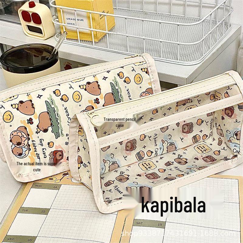 Capybara Large Capacity Semi-Transparent Pencil Case - Triangle Stationery Bag for Students