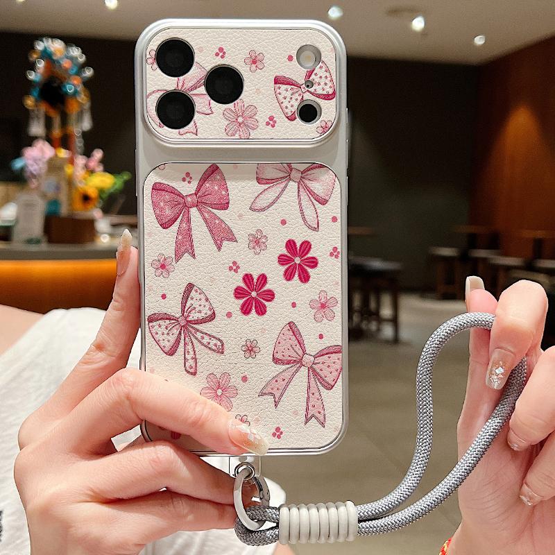 Cute Cartoon Bowknots Print Leather Lanyard Case For iPhone 18 Pro Max 17 16 15 14 13 Pro Max Luxury Hybrid TPU+PU Anti-skid Soft Phone Cover