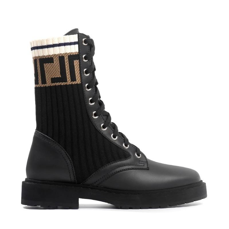 

Knitted splicing Martin boots for women s autumn and winter new medium tube lace-up wool letter elastic short boots thick heel thin boots for women 34 чёрный