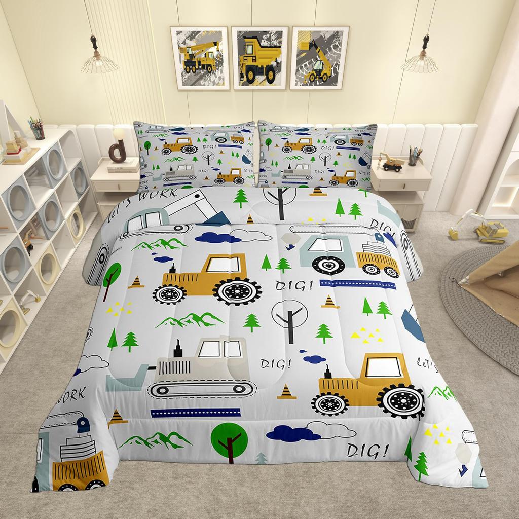 Feelyou Cartoon Car Kids Comforter Set Construction Bedding Set for Boys Toddler Decor Equipment Trucks Comforter Cartoon Car Excavator Trac