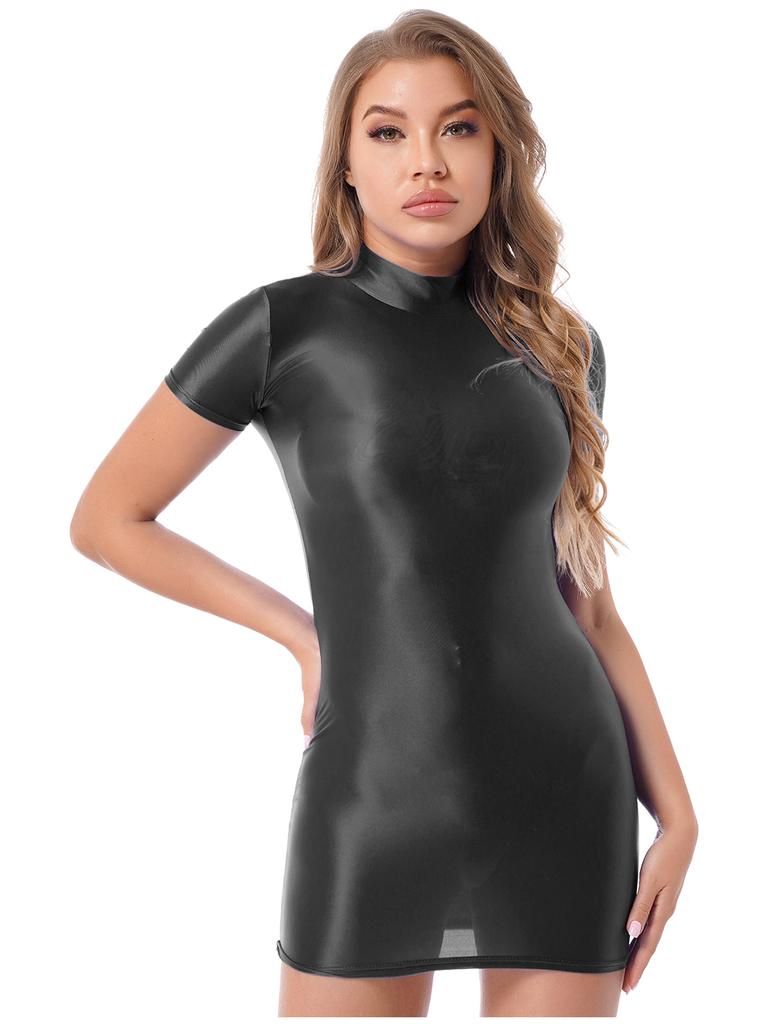 Womens Glossy Mock Neck Bodycon Dress Short Sleeve Stretchy Fabric Nightclub Party Mini Dress