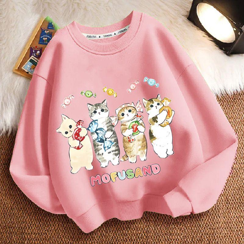 Cute Cat Round-neck Sweatshirt for Children, Fashionable Long-sleeved Casual Sweatshirt for Boys and Girls in Spring and Autumn