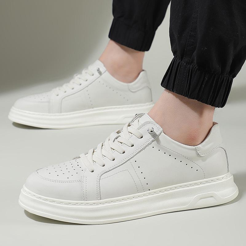 New Shoes for Men Cow Leather Casual Shoes Thick-soled White Flat Skateboard Shoes Youth Slip-on Sneaker