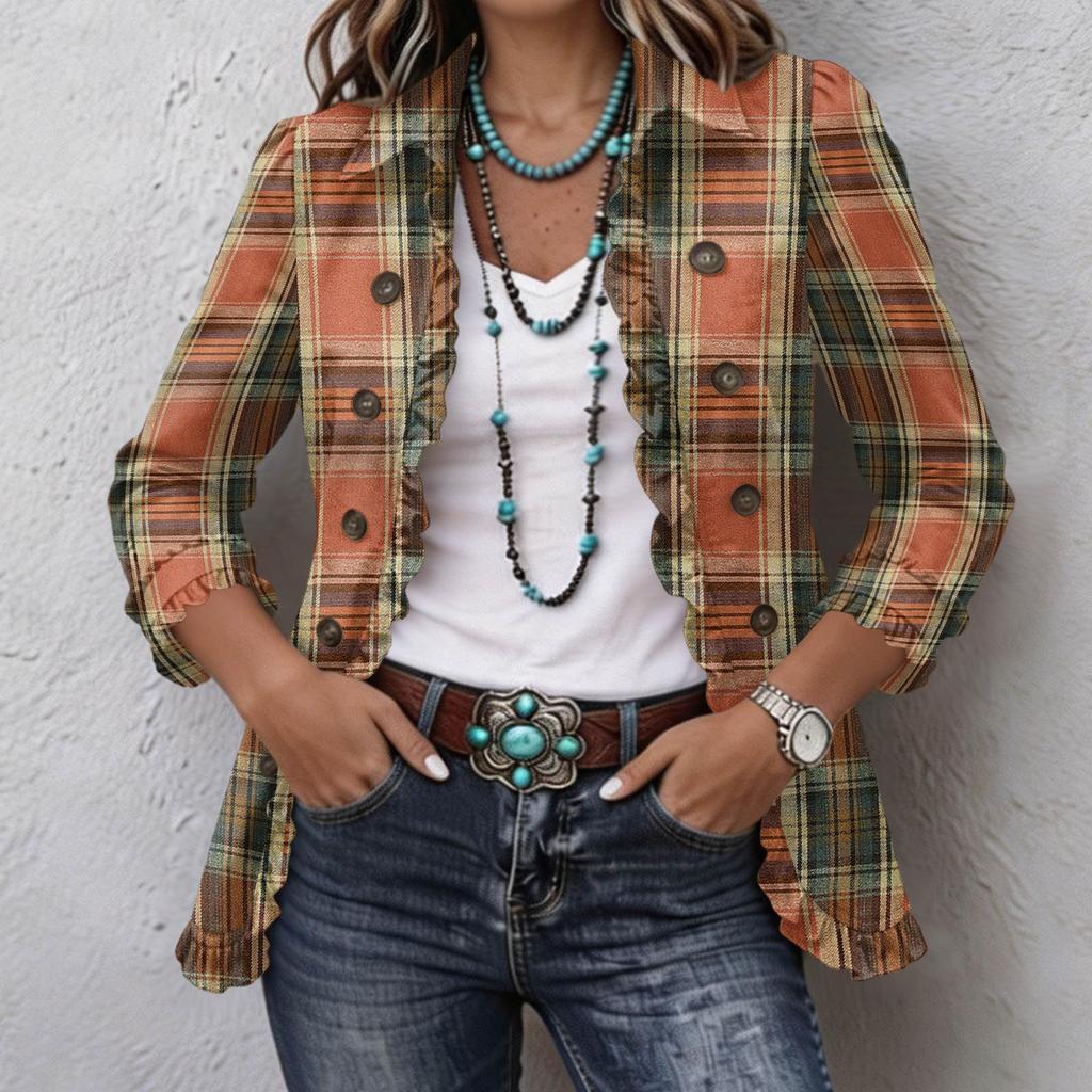Women's Plaid Print Long Sleeve Ruffle Button-Down Top
