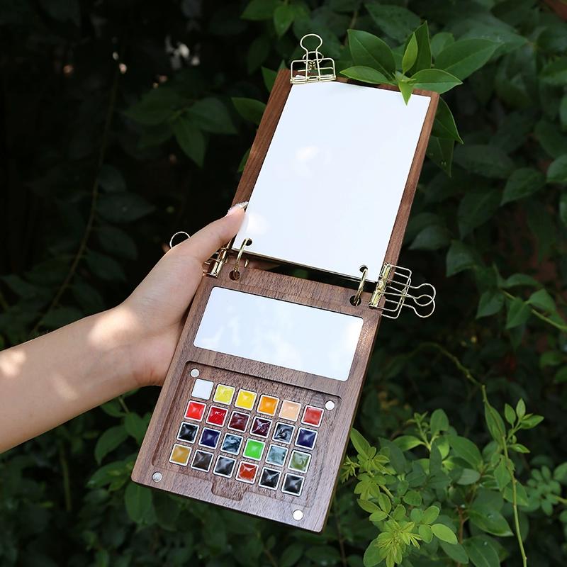 Leather Walnut Folding Watercolor Travel Box