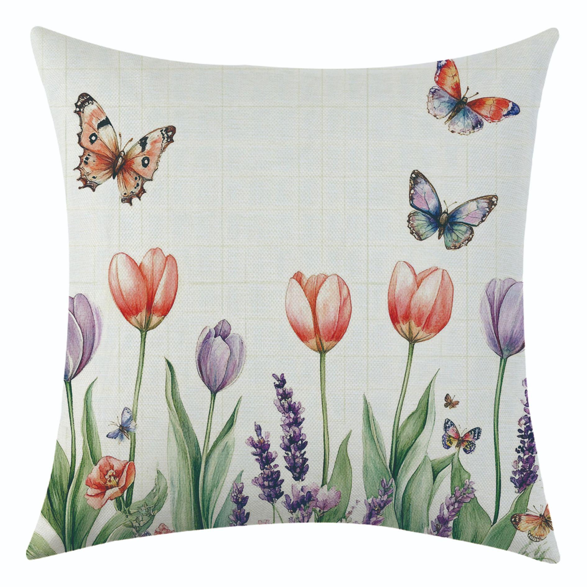 

New Butterfly Flower Linen Printed Pillowcase for Holiday Decoration, Car Sofa Cushion 45 * 45 separate pillow cover