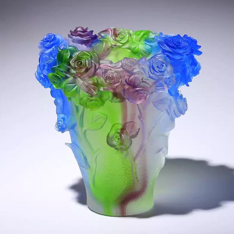 20cm Tall High-end Coloured Glaze Rose Flower Vase Crystal Living Room Ornaments Floarr Home Decorations Miniatures