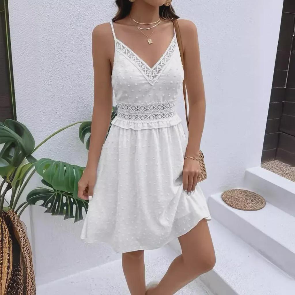 New Polka Dot V-Neck Spaghetti Strap Lace Dress