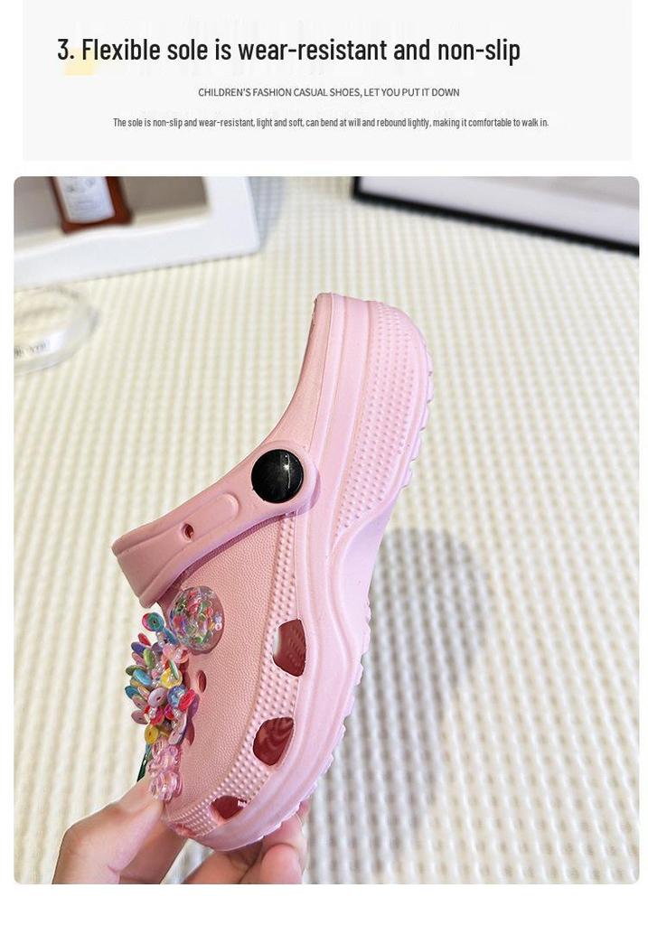 Children's Beaded Floral Sandals - Colorful Thick-Soled Closed-Toe, Summer Outdoor Slippers