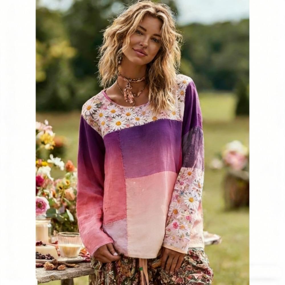Spring Women's T-shirt Europe America Fashion Floral Print Pullover Bohe Style Women Long Sleeve T-shirt Outdoor Casual Tees Top