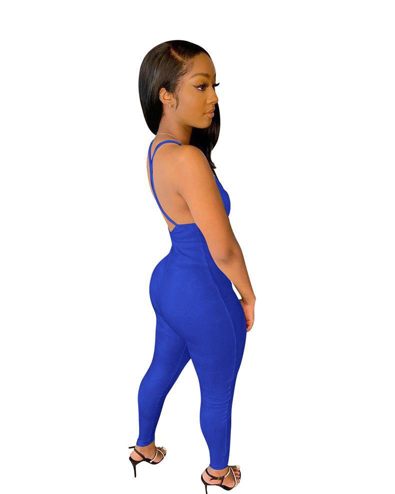 Women's Solid Color Ribbed Backless Camisole Jumpsuit with Chest Pad - Casual Yoga Wear