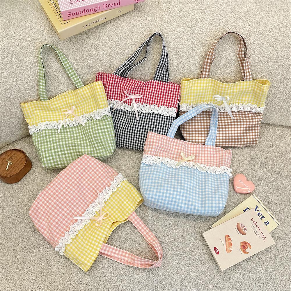 Sweet Bow Patchwork Lace Shopping Bags for Women Ctrast Color Plaid Ladies Bento Handbags Lightweight Portable Female Tote