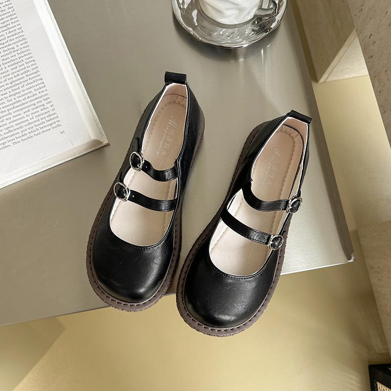 2025 spring and summer new round head soft sole thick heel Mary Jane single shoe design double buckle belt fashion versatile women's shoes