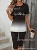 Gradual change/flower printing casual suit, round neck short sleeves + cropped pants for home and out