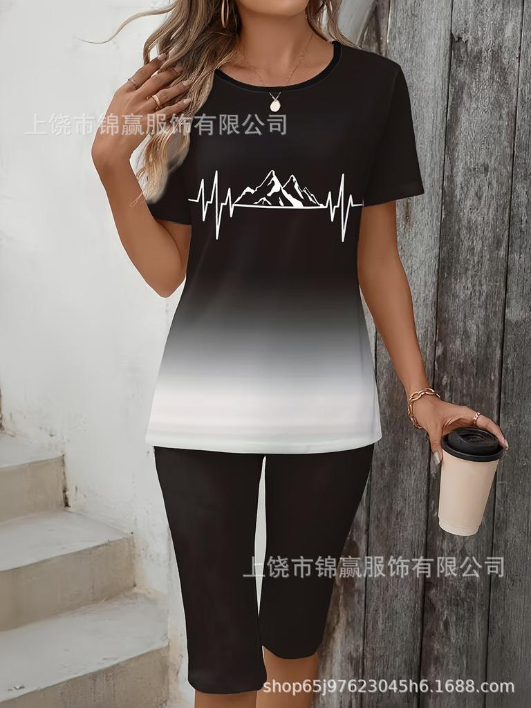 Gradual change/flower printing casual suit, round neck short sleeves + cropped pants for home and out