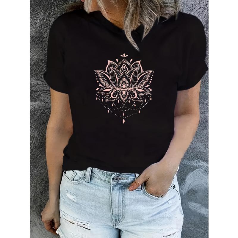 Women s Trendy Floral Graphic Print Short Sleeve Casual T-Shirt S чёрный