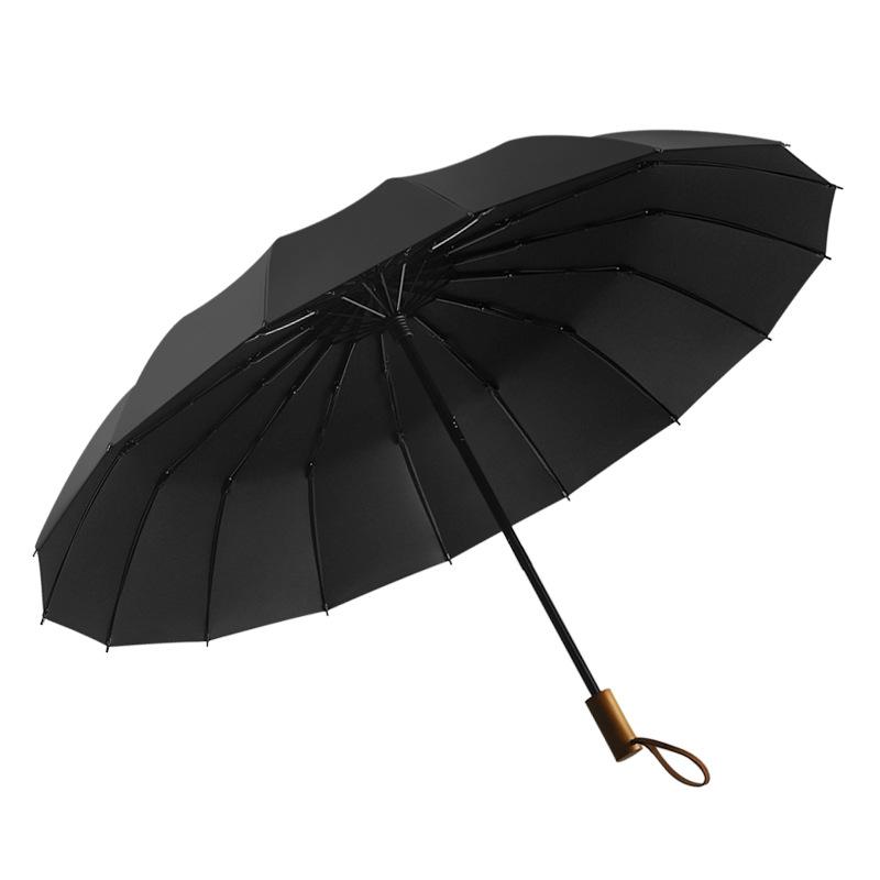 Wooden Handle 16 Bone Hand Open Umbrella Men's Folding Sun Umbrella Shrink Reinforcement Thickened Strong Wind Resistance