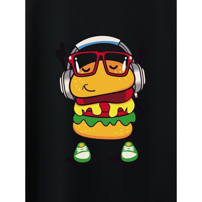 European Size Men's Casual Trendy Hamburger Graphic Print Comfortable Crew Neck Short Sleeve T-shirt, Oversized Loose Clothing Plus Size