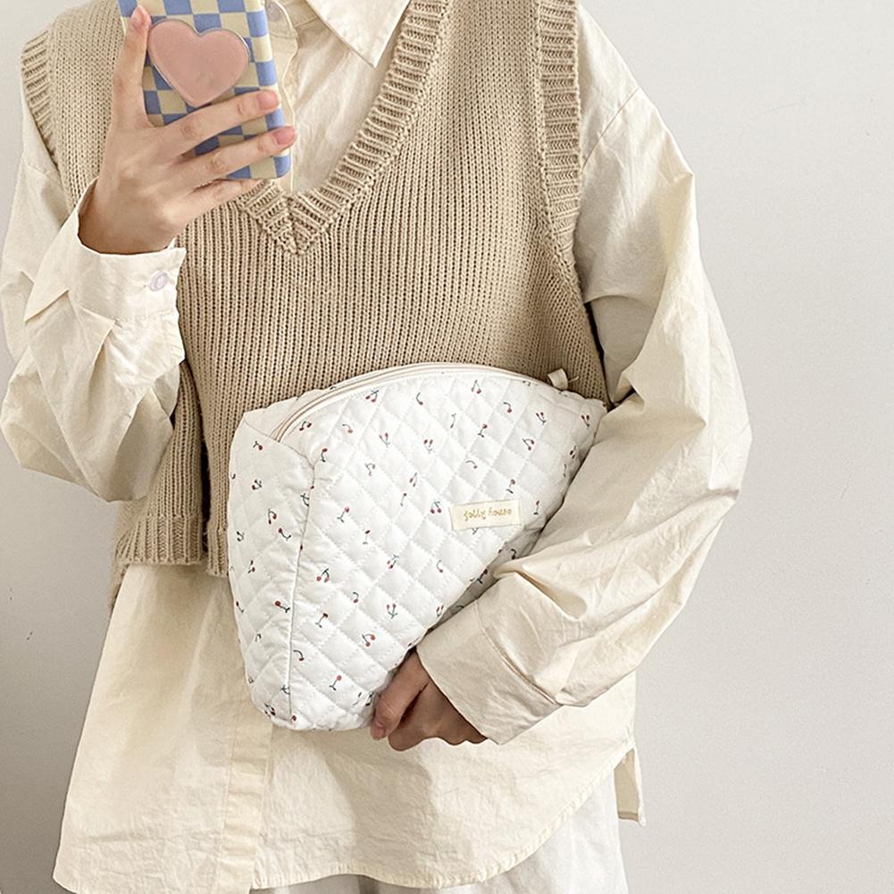 Women Makeup Handbags Zipper Korean Quilted Beauty Case Portable Make Up Pouch Floral Print Large Capacity for Ladies Girl