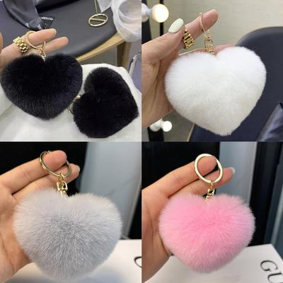 Fluffy Pompom Keychain Heart Plush Hair Ball Keychain Pompom Car Pendant Chain Bags Lovely W3E4