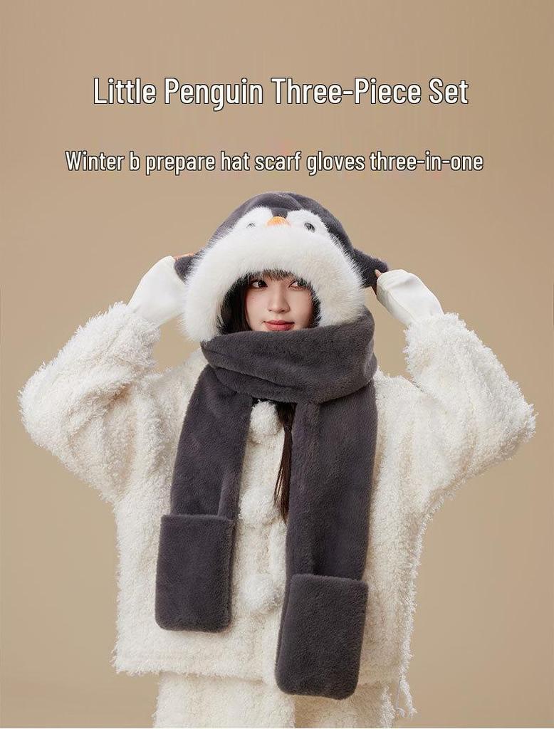 Penguin Ear Protection Hat, Scarf & Neck Warmer Women's 3-Piece Winter Set