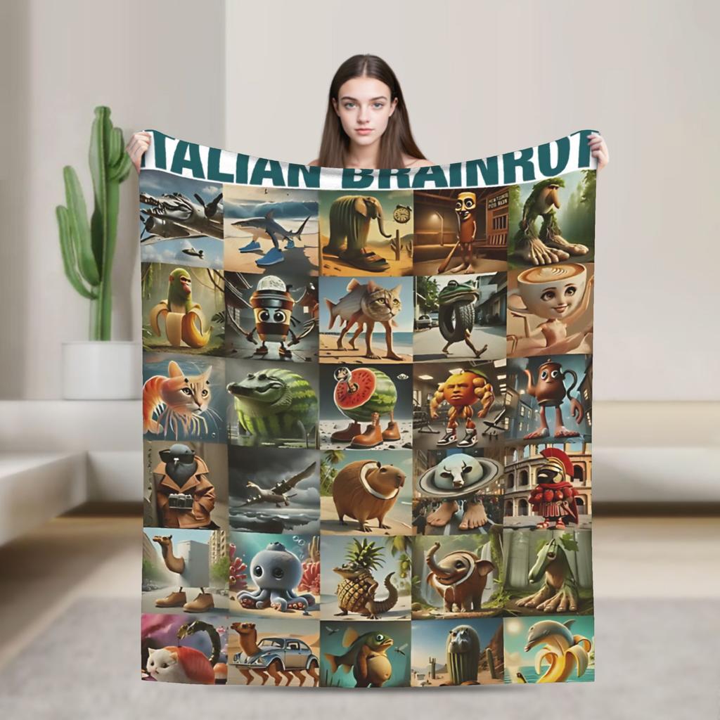 Soft Warm Blankets Travel Office Funny Christmas Italian Brain Rot Italian Brainrot For Couch Chair Print Sofa Bed Cover