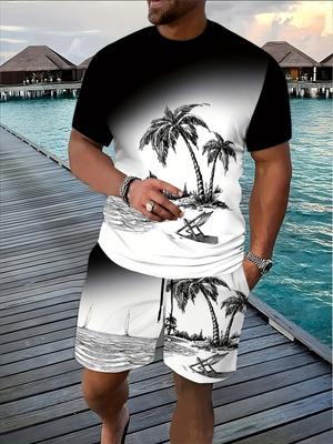 Summer Series Men's Coconut Tree 3D Print Breathable Round Neck T-shirt Short Sleeve Shorts Two-piece