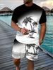Summer Series Men's Gradient Coconut Tree Print Breathable Round Neck T-shirt Shorts Set Outdoor Two-piece Set