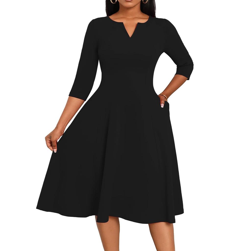 Women's A-Line Fit & Flare Skirt 3/4 Sleeves V-Neck Solid Color Cocktail Wedding Guest Overalls With Pockets Dress