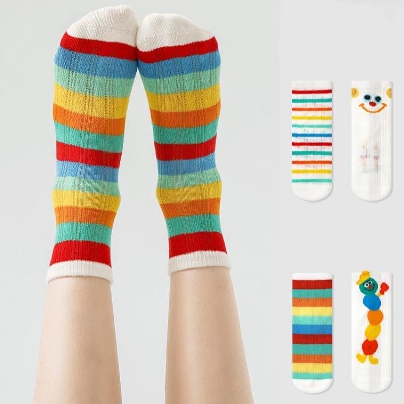 

4 пары/комплект, детские новые красочные модные носки с героями мультфильмов для мальчиков и девочек, милые сетчатые дышащие радужные студенческие носки средней длины L разноцветный
