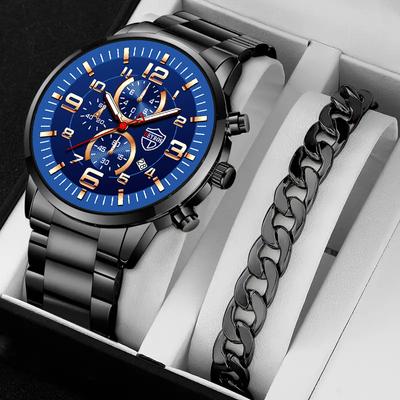 2pcs/set, 1pc Fashion Men's Business Quartz Watches Round Pointer Wrist Watch & 1pc Bracelet with