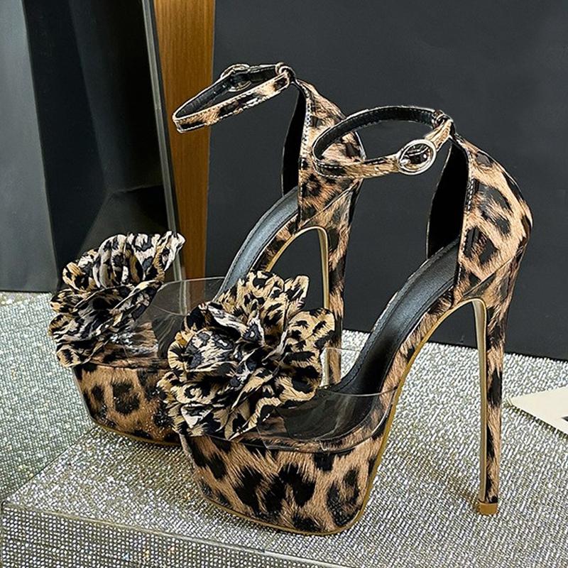 Móda Liyke Móda Leopardí Vzor Velké Květiny PVC Dámské Platformové Sandály Sexy Otevřená Špička 16CM Super Vysoké Podpatky Boty na Pole Dance pro Striptérky
